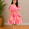 Baby Girls Pink Abstract Printed Tassel Tie-Up Smocked Waist Flared Midi Dress