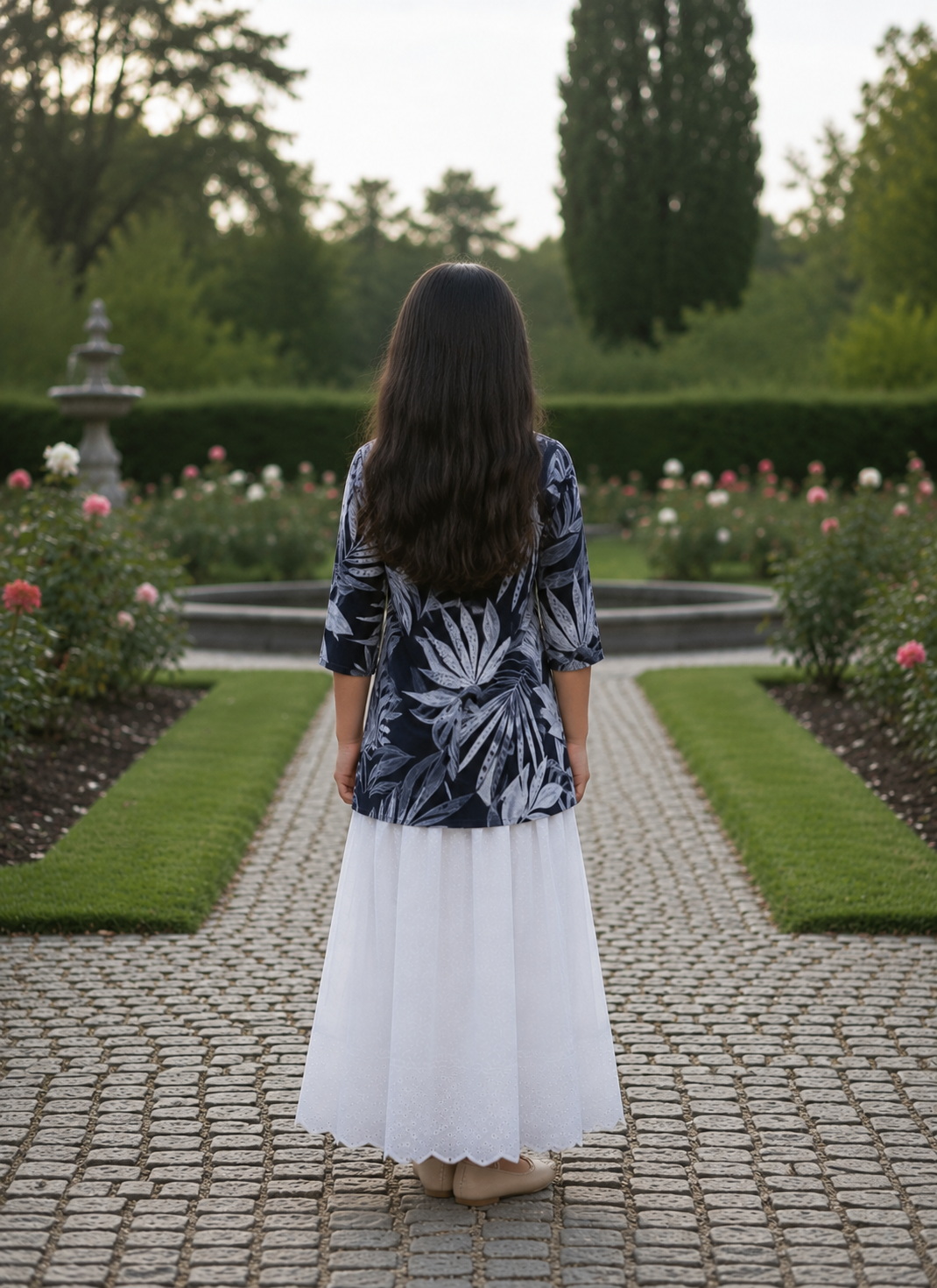 Girl's Black & White Tropical Leaf Printed Top with White Eyelet Flared Skirt Set