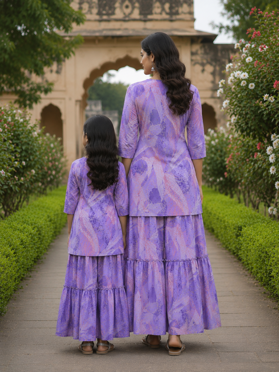 Mom & Daughter Lavender Purple Printed Kurta & Tiered Skirt Matching Co-ord Set