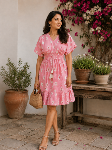 Women Pink Ikat Printed Smocked Waist Ruffle Hem Dress