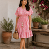 Women Pink Ikat Printed Smocked Waist Ruffle Hem Dress