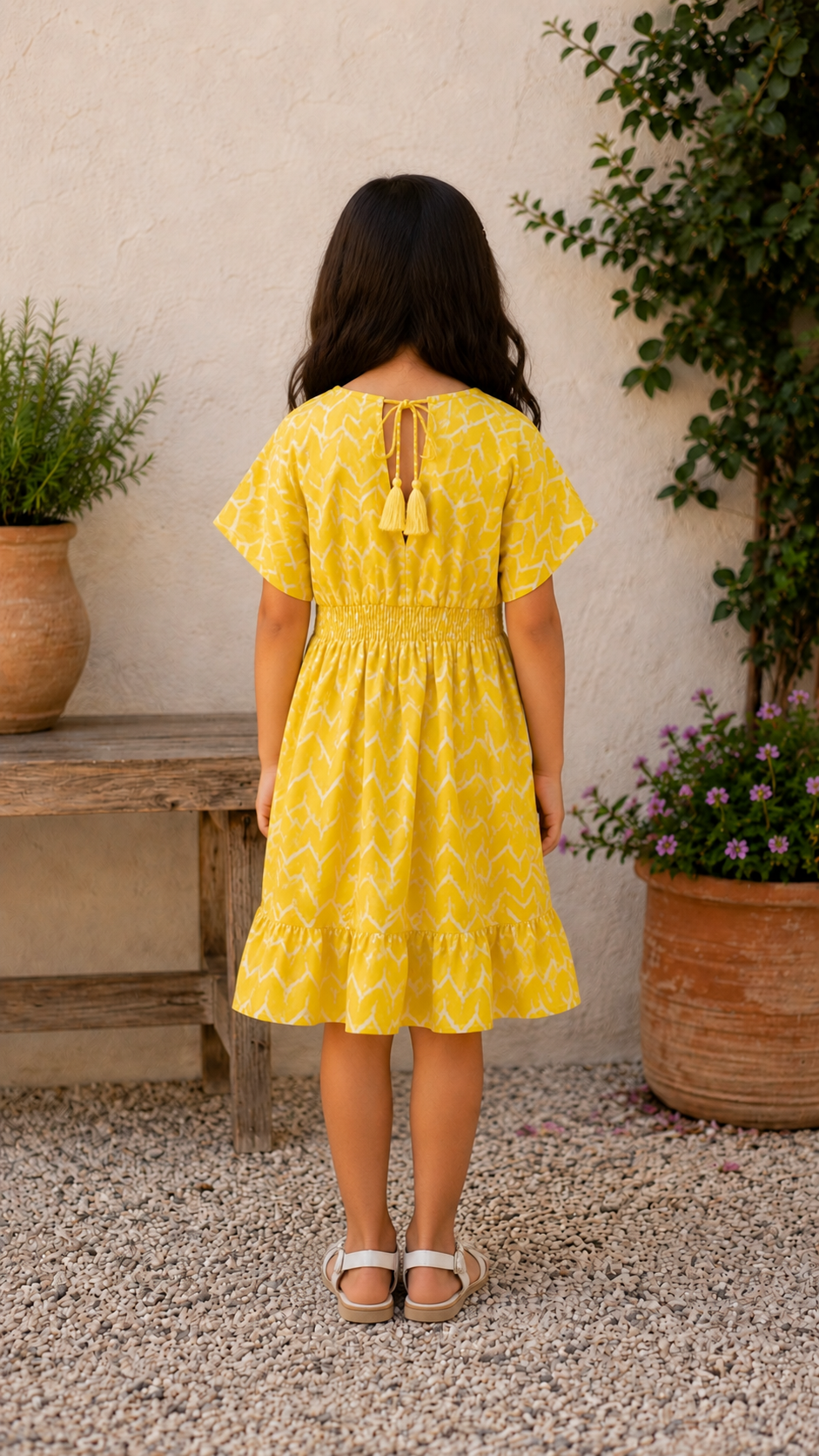 Baby Girls Cotton Yellow Chevron Printed Smocked Waist A-Line Dress