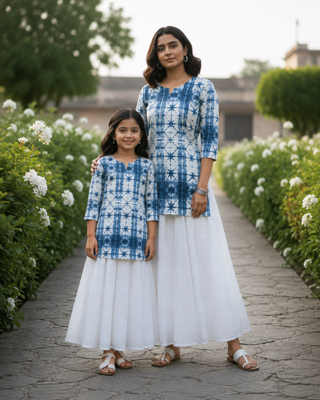 Mom & Daughter Blue Shibori Print Kurta with White Flared Skirt Set