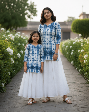 Mom & Daughter Blue Shibori Print Kurta with White Flared Skirt Set