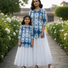 Mom & Daughter Blue Shibori Print Kurta with White Flared Skirt Set