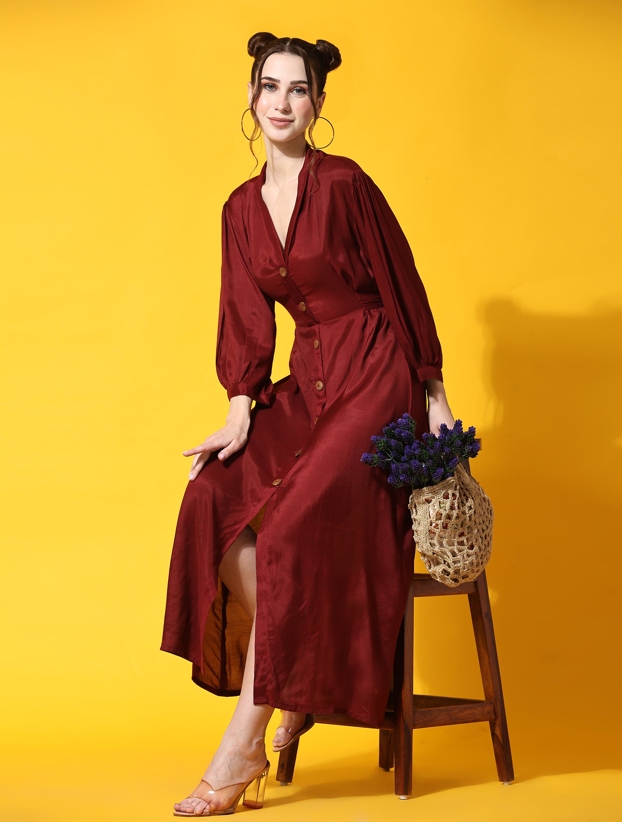 Aawari Women Muslin Dusty Red V-Neck Liva Gown With Slit Sleeves
