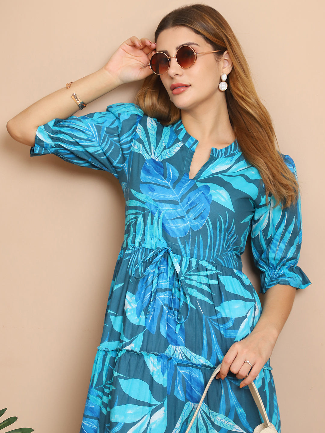 Aawari Turquoise Blue Leaf Print Tiered Maxi Dress with Puff Sleeves - Dresses / Western Wear / Maxi Dresses