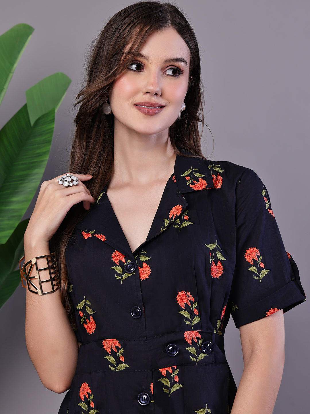 Aawari Elegant Indigo & Orange Floral Block Print Cotton Shirt Dress - Midi Dresses /  Western Wear / Dresses