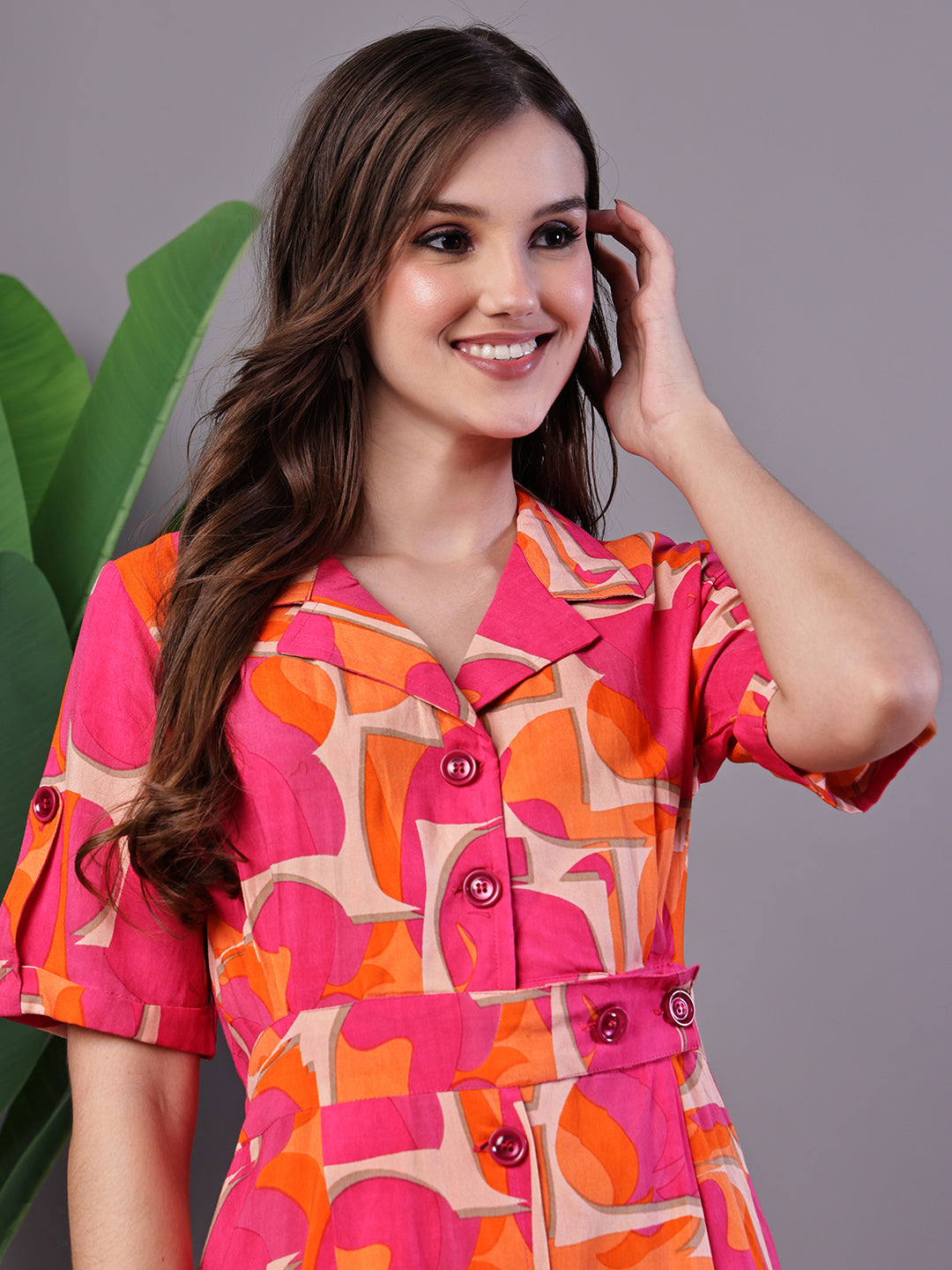 Aawari Pink & Orange Abstract Print Cotton Shirt Dress - Midi Dresses / Western Wear / Dresses