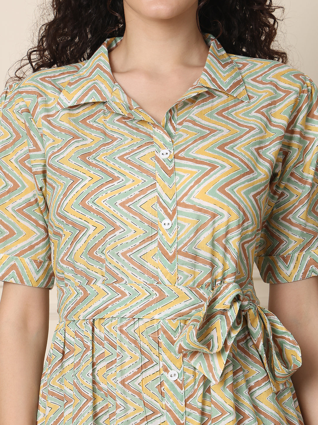 Aawari Pastel ZigZag Print Cotton Shirt Dresses With Waist Tie-Up