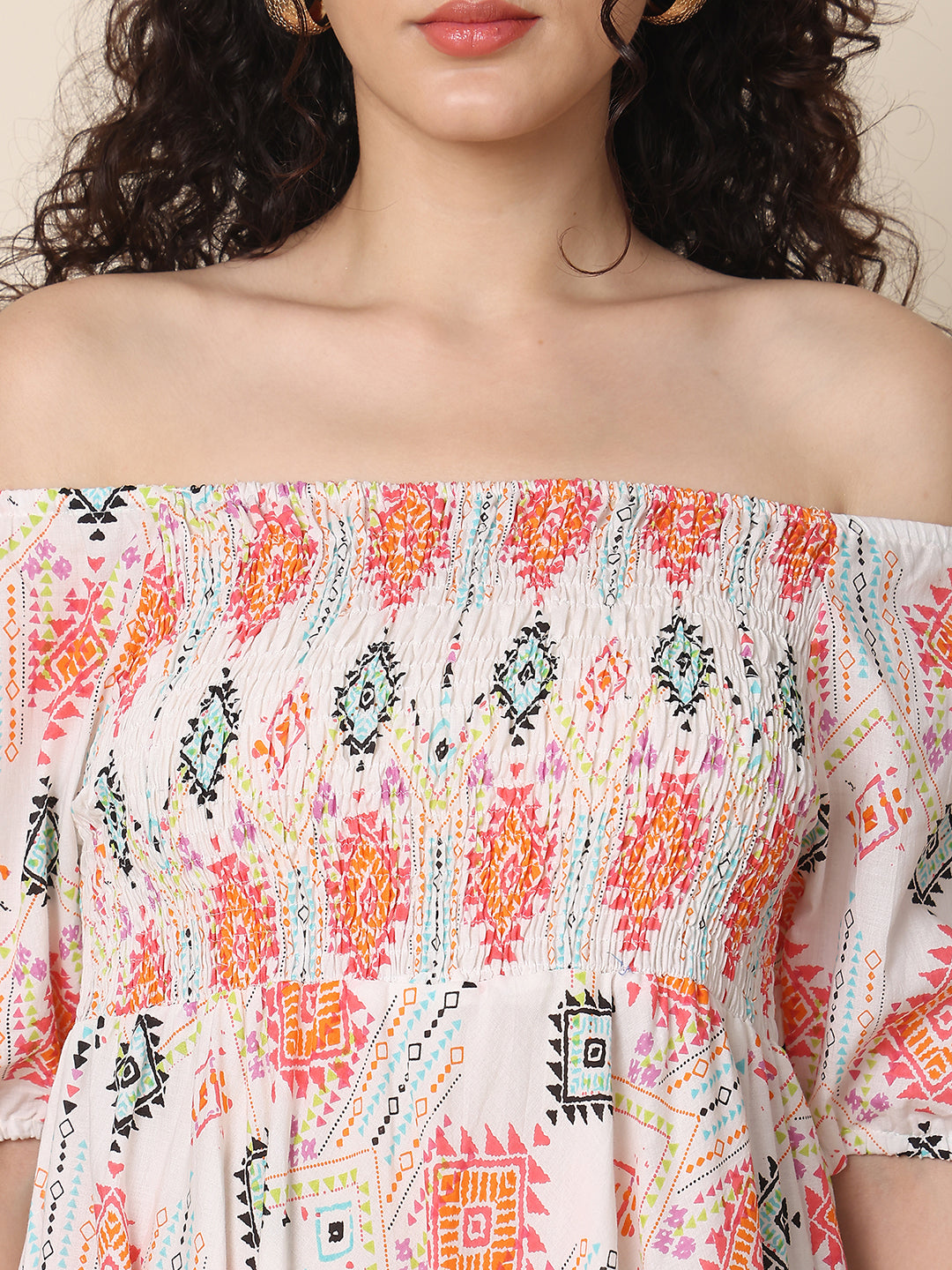 Aawari Unique Cotton Printed Off Shoulder Dress