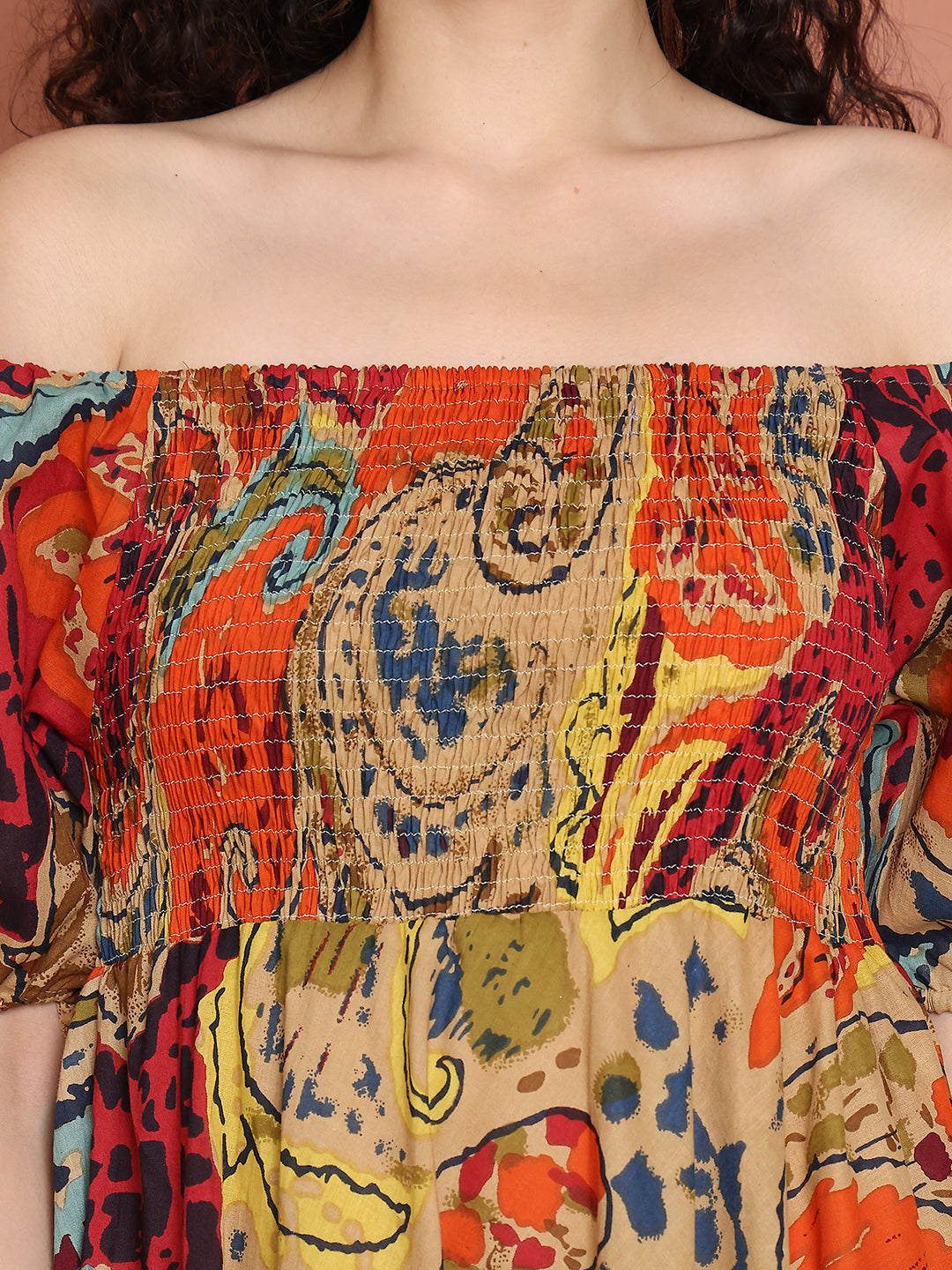 Aawari Unique Cotton Printed Off Shoulder Dress