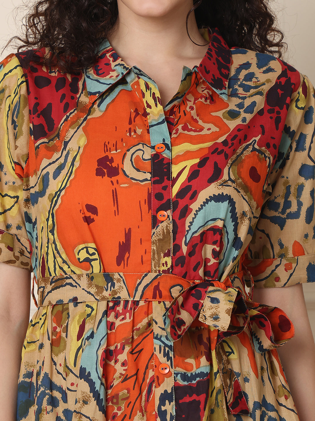 Aawari Cotton Printed Shirt Collar Dress