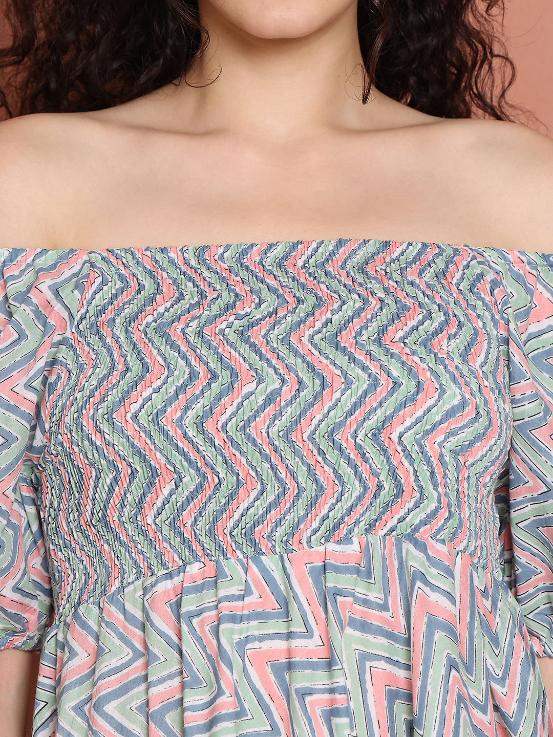 Aawari Unique Cotton Printed Off Shoulder Dress