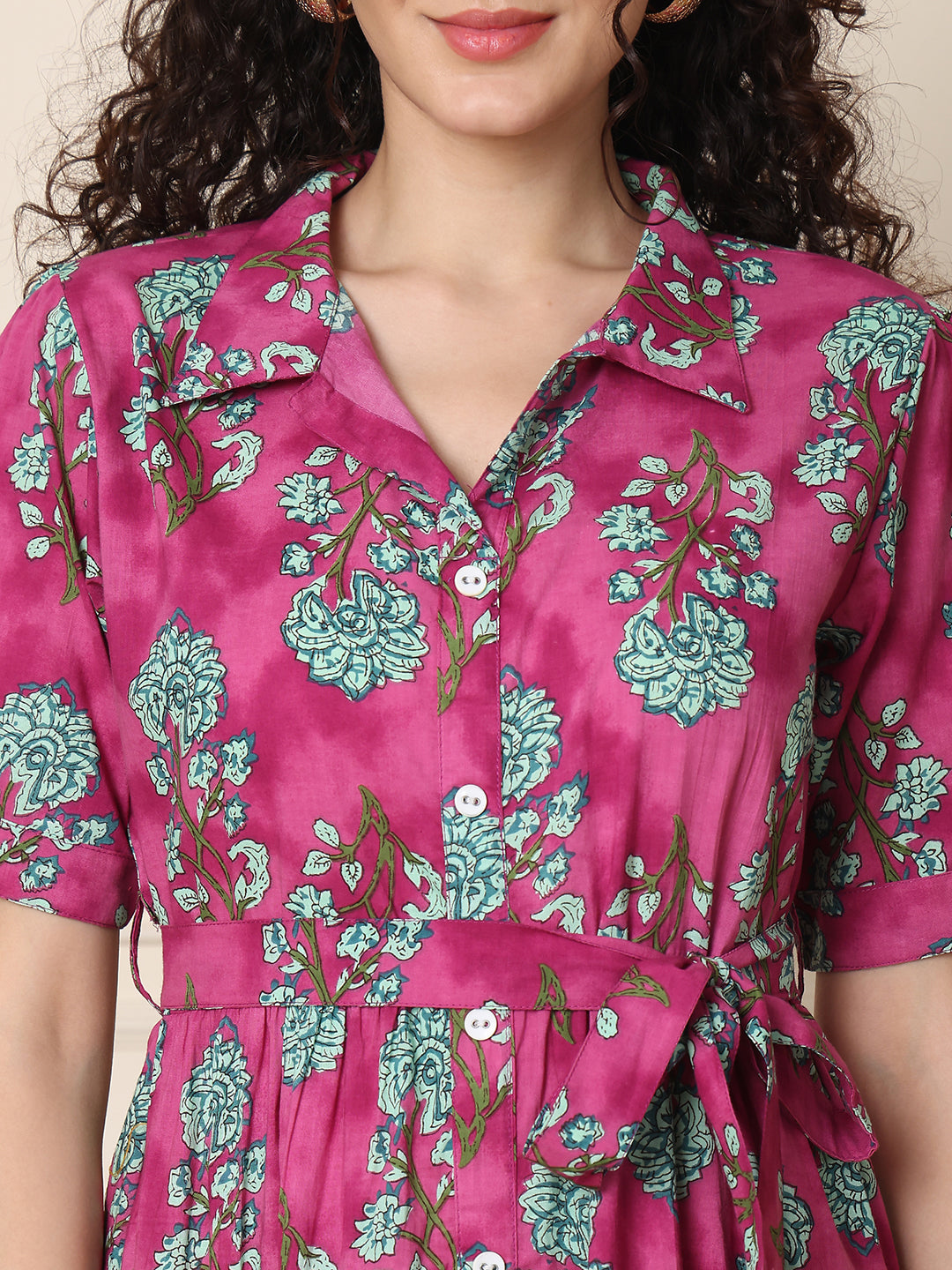 Aawari Cotton Printed Shirt Collar Dress