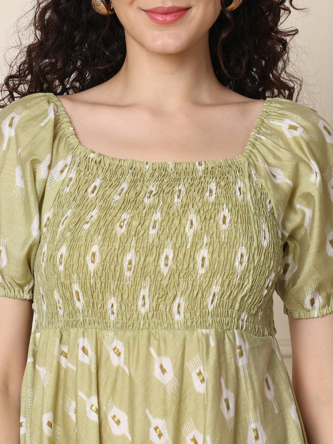 Aawari Chanderi Unique Printed Off Shoulder Dress