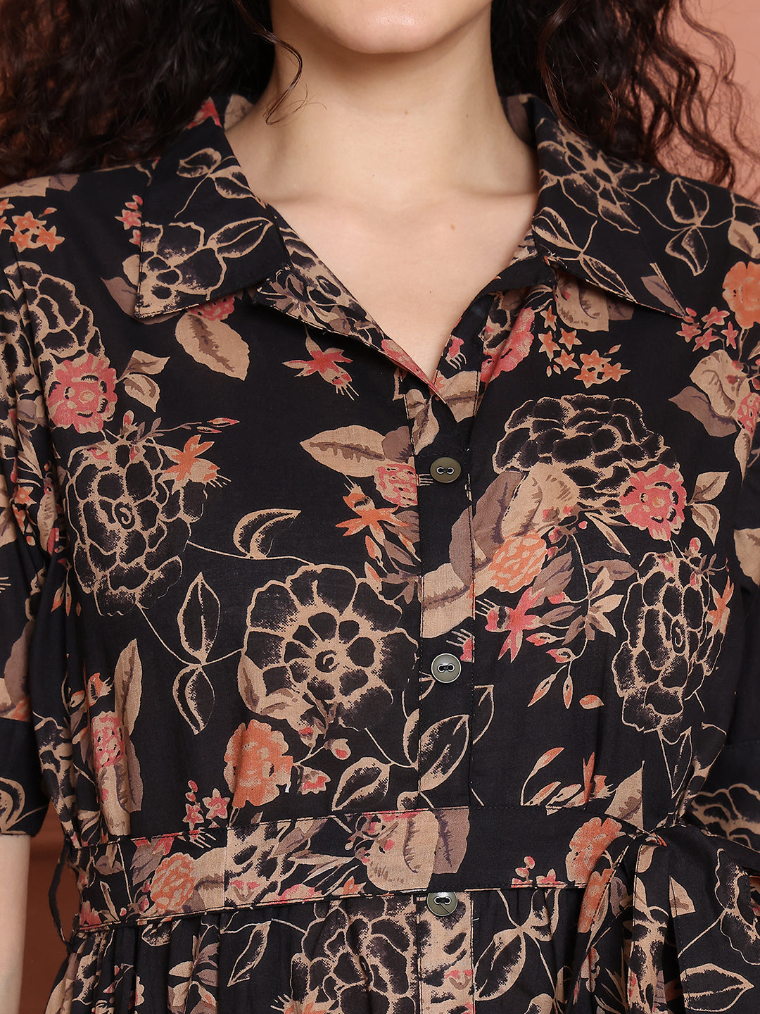 Aawari Black Floral Print Shirt Dresses With Waist Tie-Up