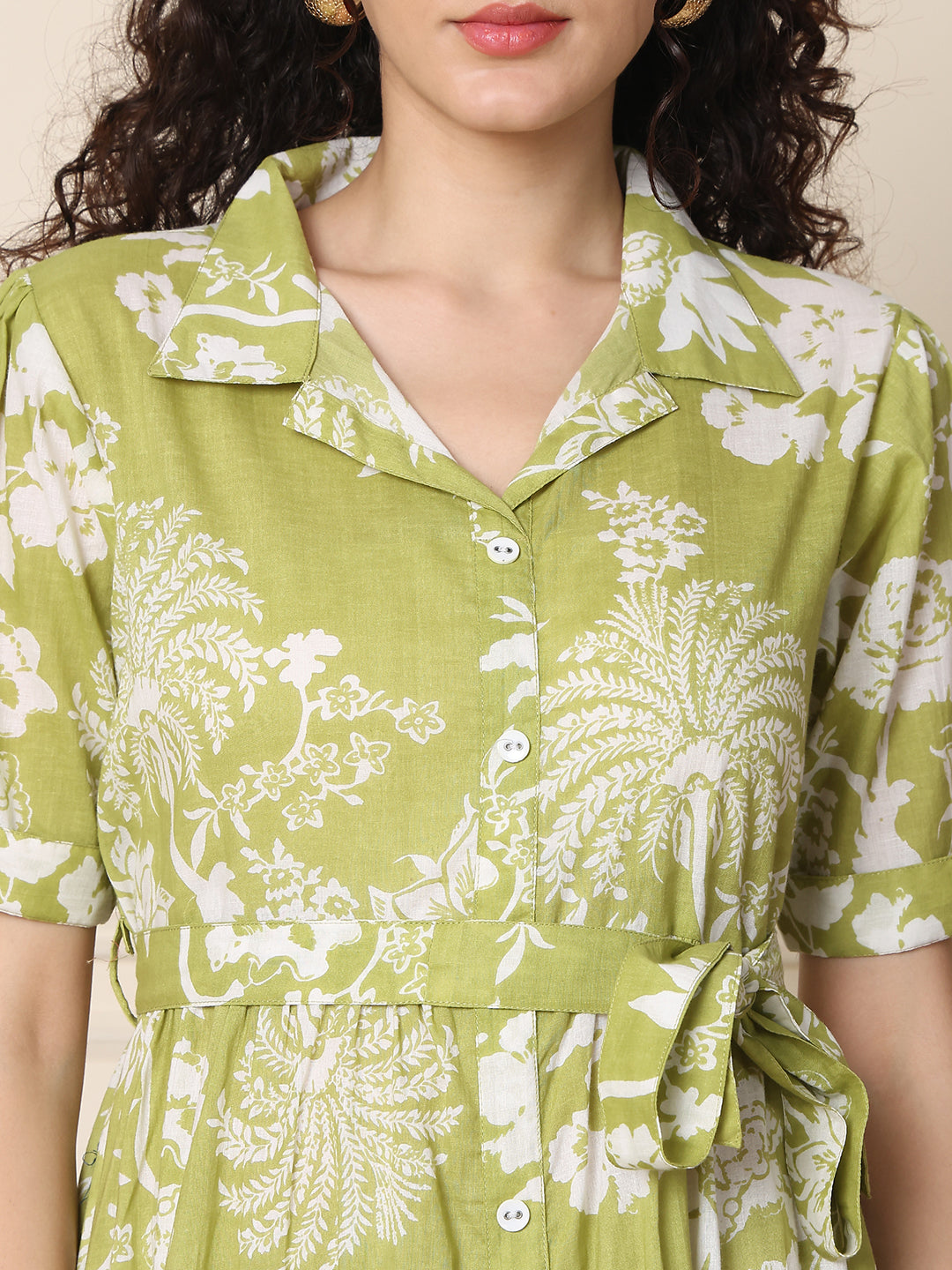 Aawari Olive Green Floral Shirt Dresses With Waist Tie-Up
