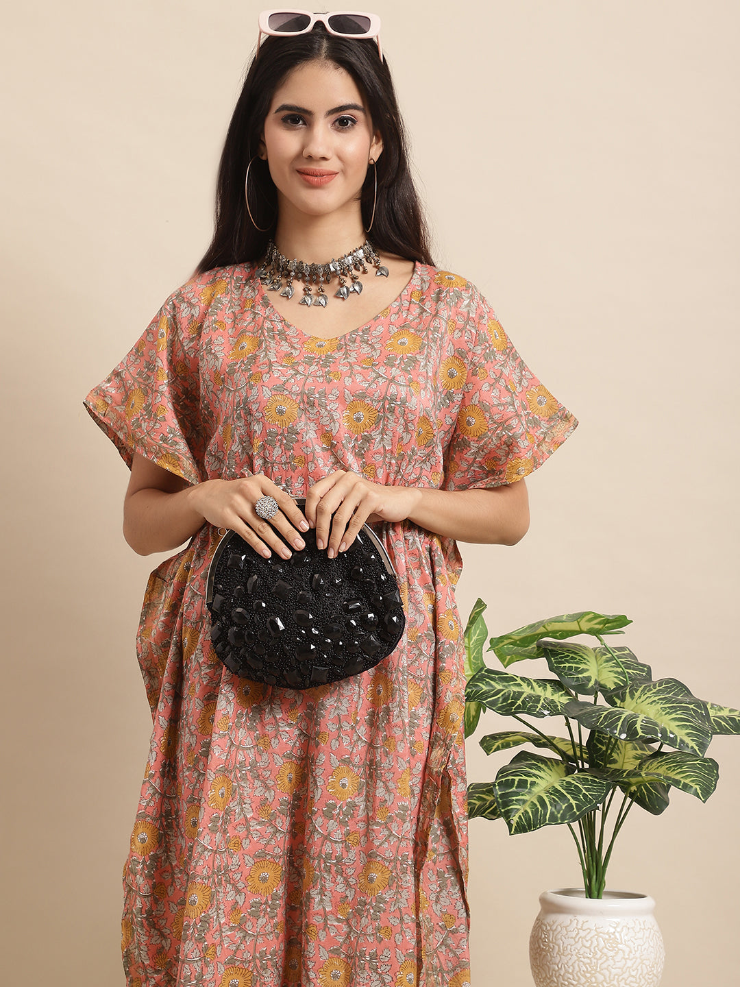 Chanderi Floral Printed Tie-Up Kaftan Gown