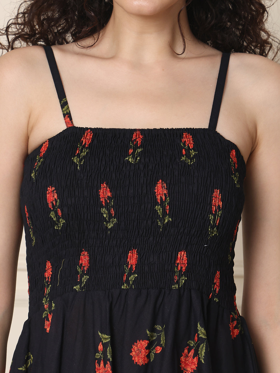 Aawari Cotton Unique Printed Spaghetti Strap Dress - Western Wear