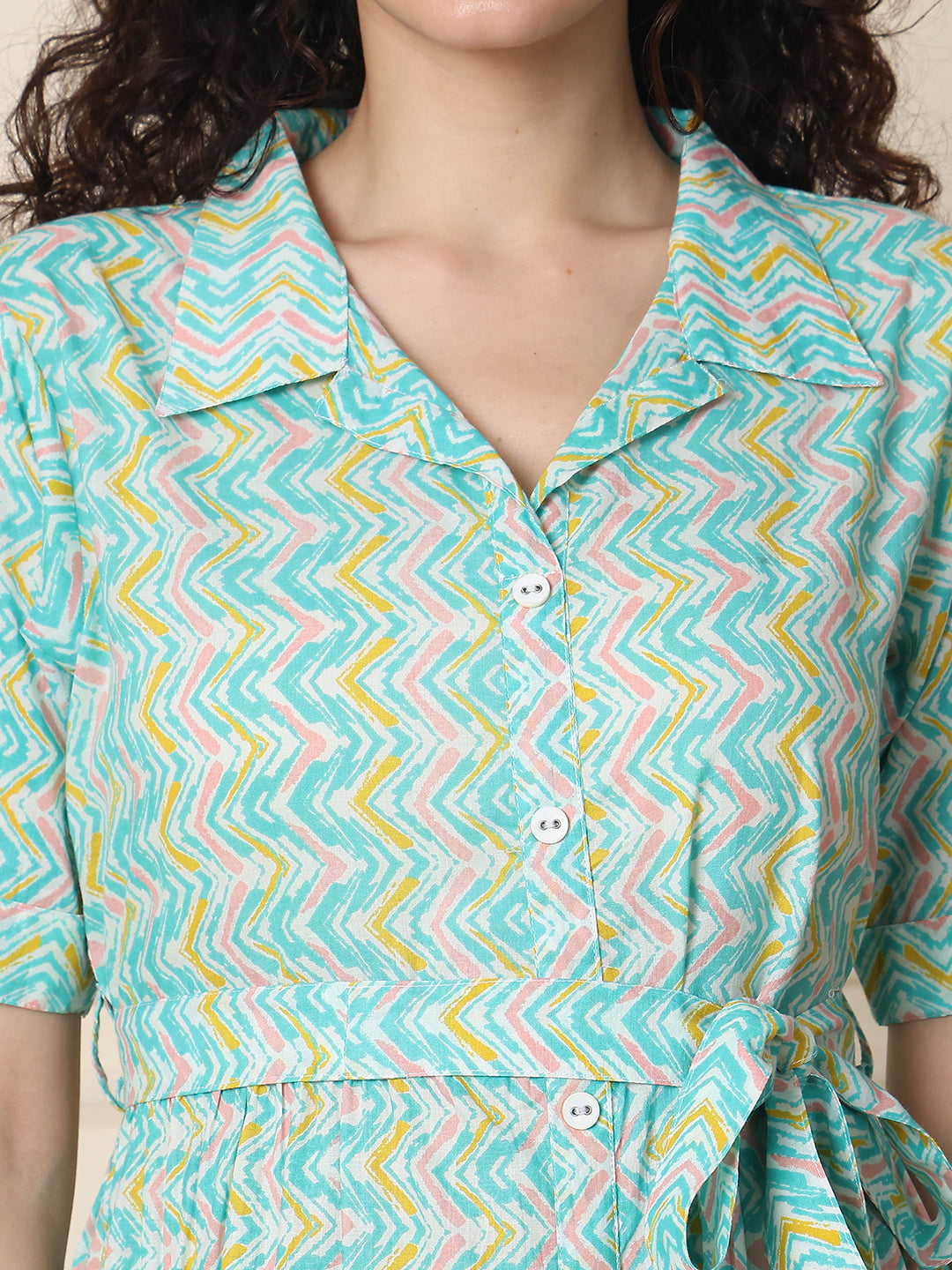 Aawari Aqua Blue ZigZag Print Shirt Dresses With Waist Belt / Western Wear