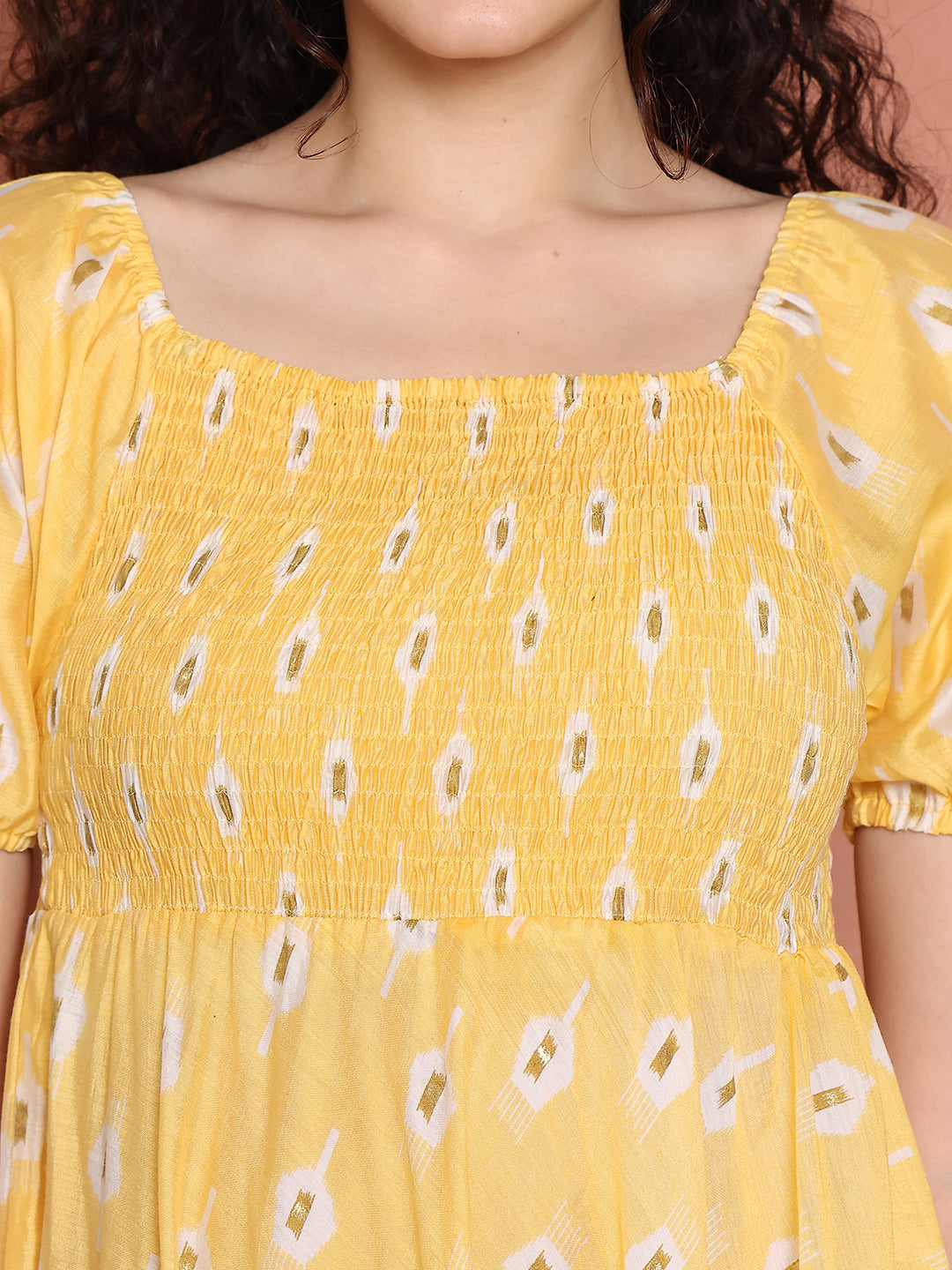 Aawari Chanderi Unique Printed Off Shoulder Dress