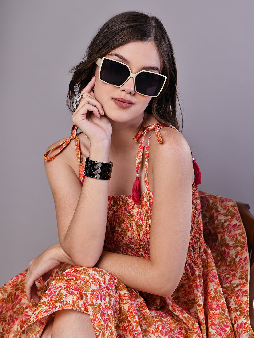 Aawari Peach Floral Handkerchief Hem Cotton Dress - Midi Dresses / Western Wear