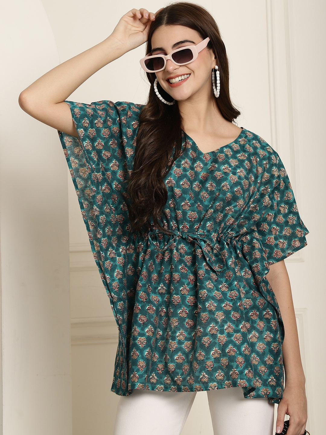 Chanderi Green Flower Printed Kaftan Top With Bell Sleeve 