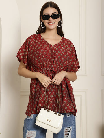 Aawari Maroon Handblock Printed Chanderi Short Kaftaan Top with Drawstring