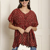 Aawari Maroon Handblock Printed Chanderi Short Kaftaan Top with Drawstring