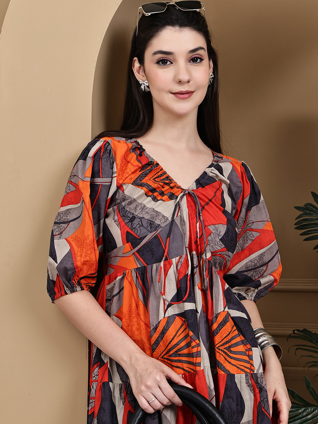 Aawari Women Cotton Printed Knot Dresses With Puff Sleeves