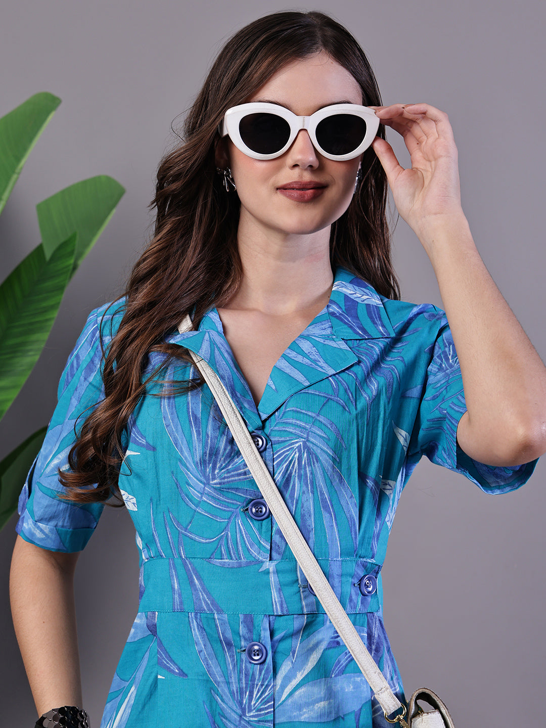 Aawari Blue Leaf Print Cotton Shirt Midi Dress - Dresses / Midi Dresses / Western Wear