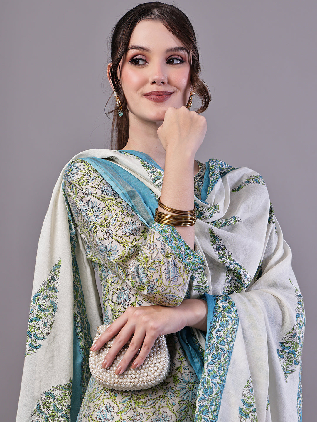 Aawari Green & Blue Floral Chanderi Printed Kurta Set with Dupatta - Suit Sets