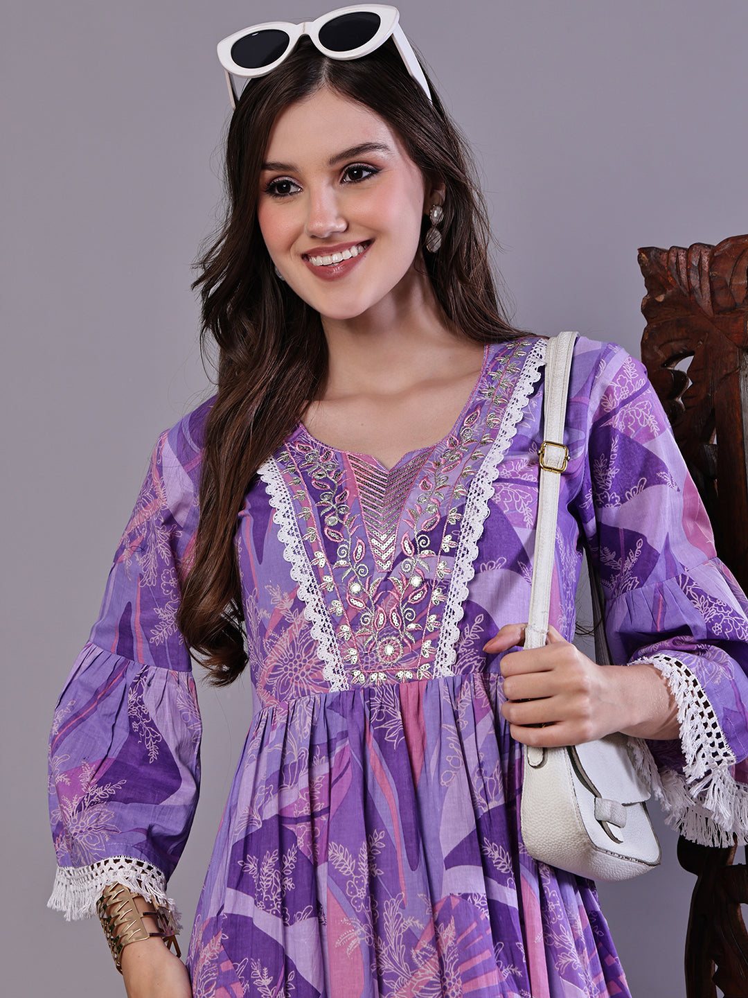 Aawari Purple Floral Cotton A-Line Dress with Lace Detailing - Midi Dresses / Western Wear