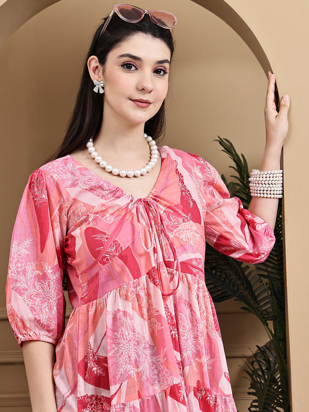 Aawari Women Cotton Printed Knot Dresses With Puff Sleeves