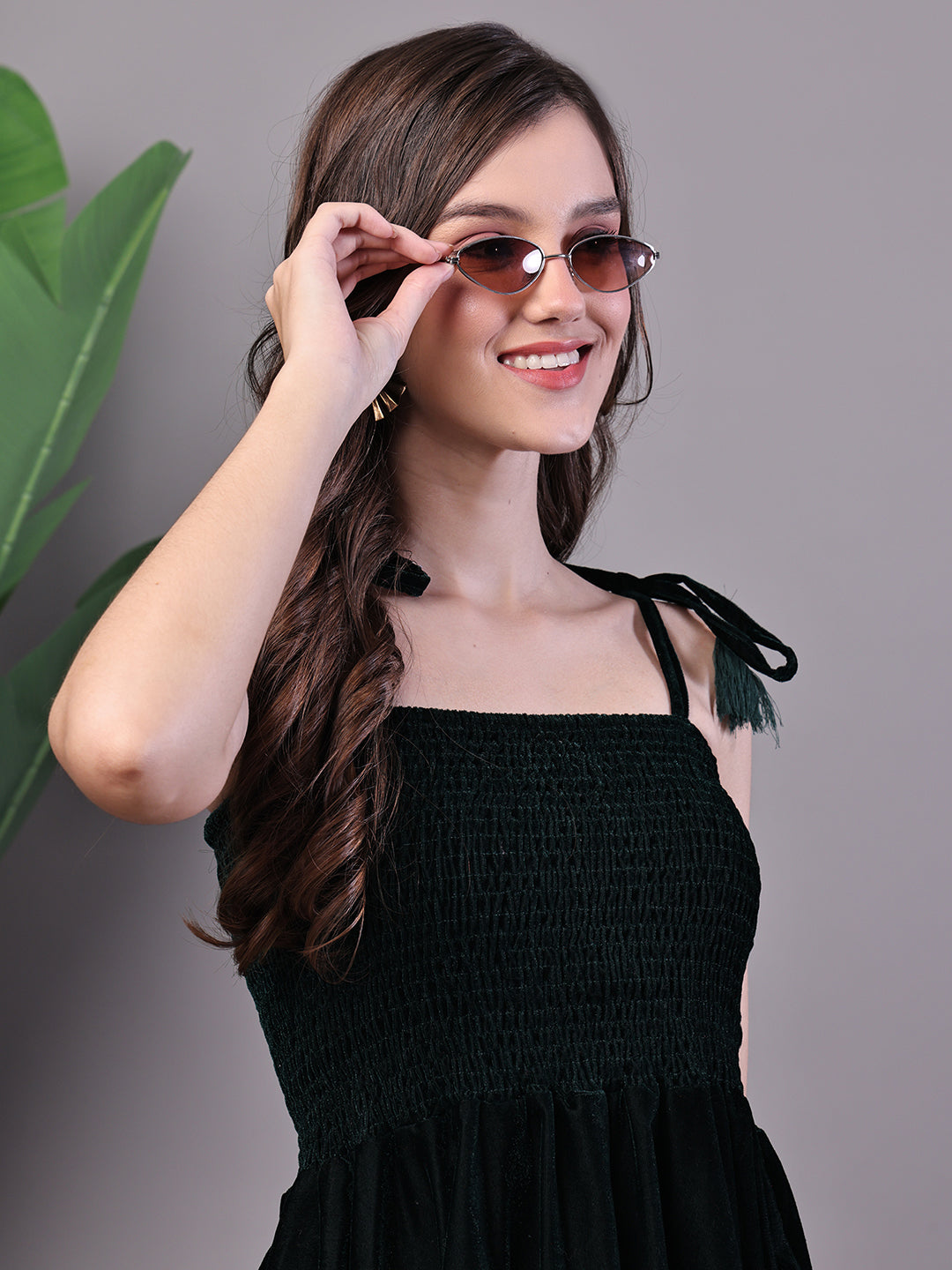 Aawari Bottle Green Junglee Pattern Velvet Handkerchief Hem Dress - Midi Dresses / Western Wear