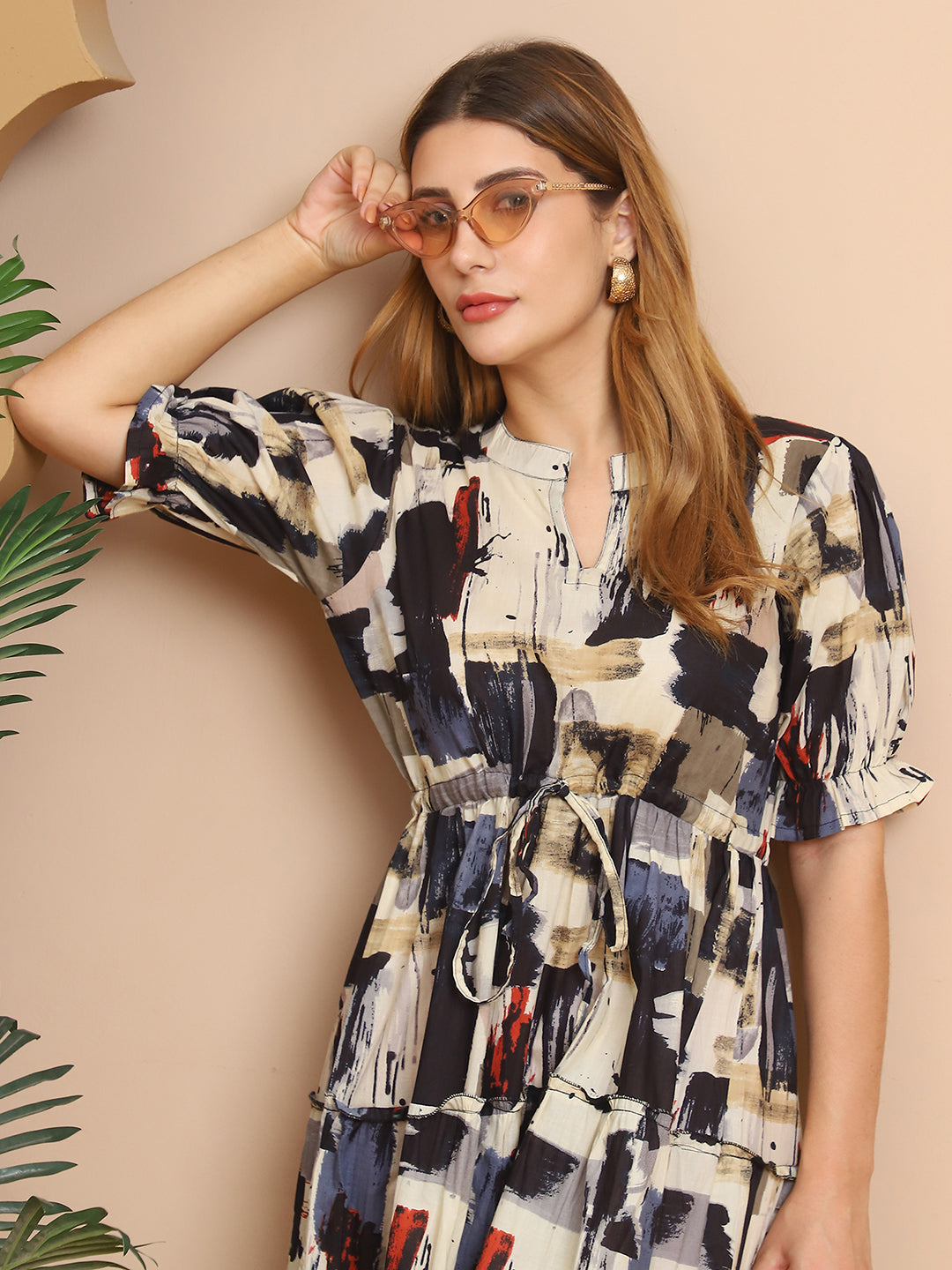 Aawari Abstract Print Black & Beige Cotton Tiered Maxi Dress - Dresses / Western Wear / Maxi Dresses