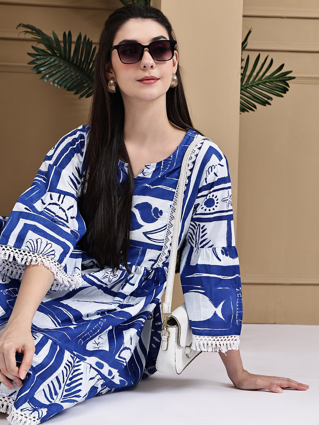 Aawari Cotton Printed Long Sleeve Dress - Midi Dress