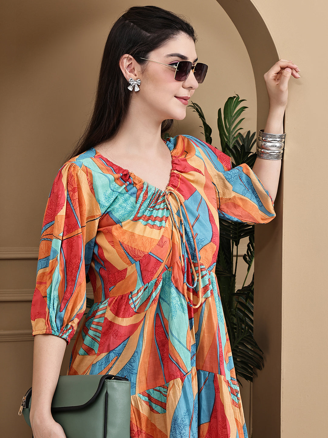 Aawari Women Cotton Printed Knot Dresses With Puff Sleeves