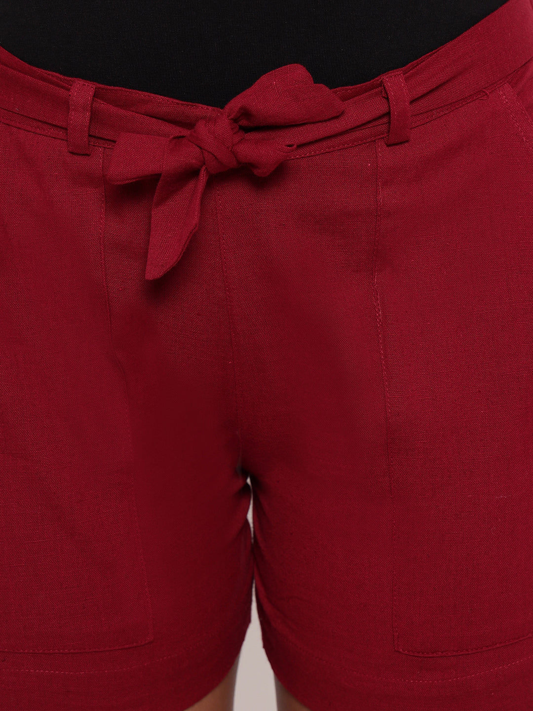 Aawari Solid Belt Shorts ( MAROON )