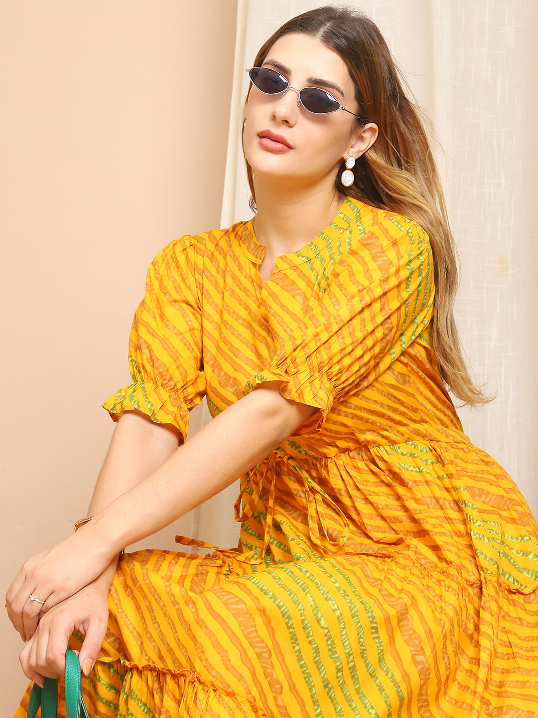 Aawari Yellow & Green Striped Cotton Tiered Maxi Dress - Dresses / Maxi Dresses / Western Wear