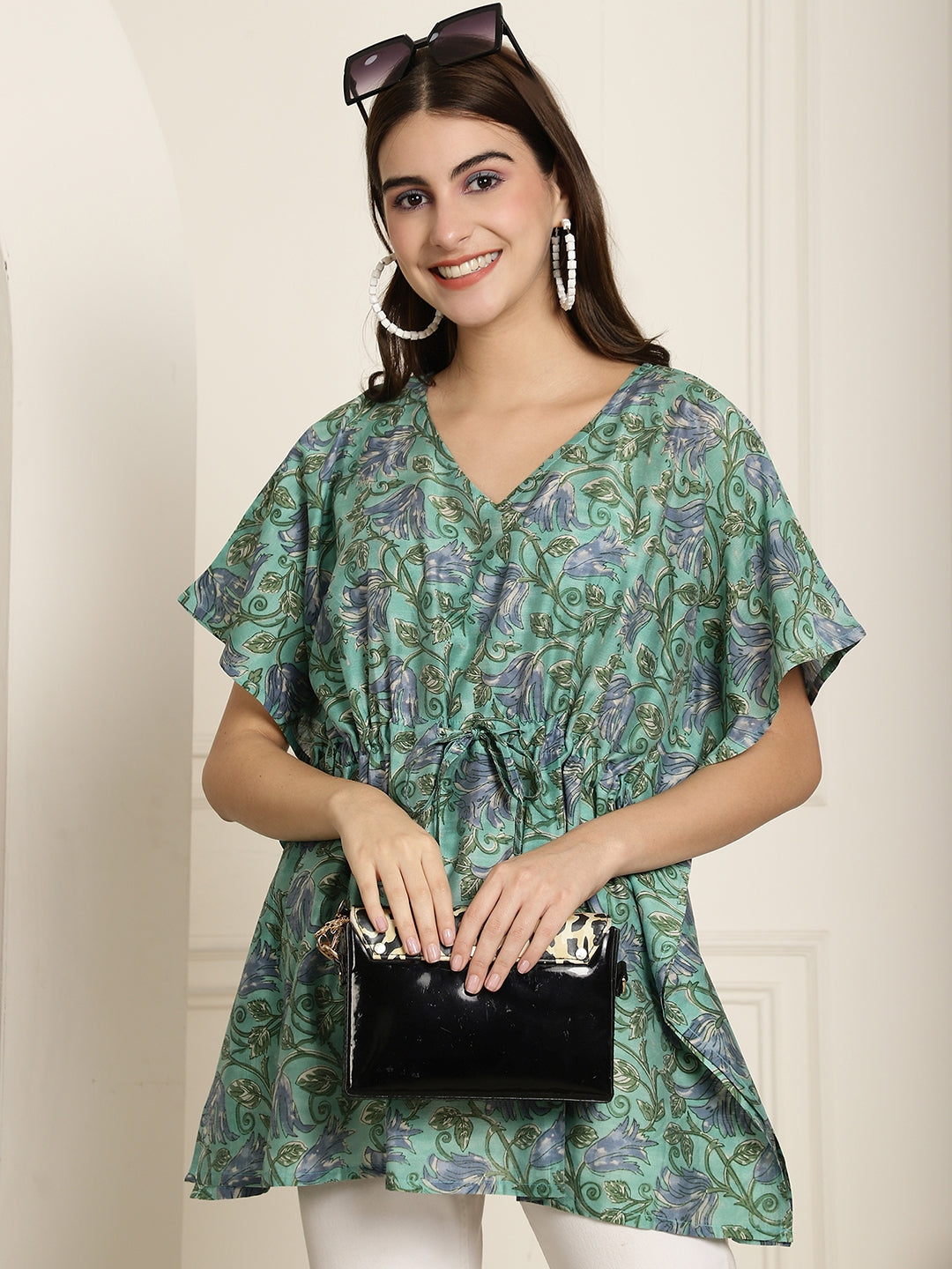 Muslin Green Floral Printed Kaftan Top With Bell Sleeve 