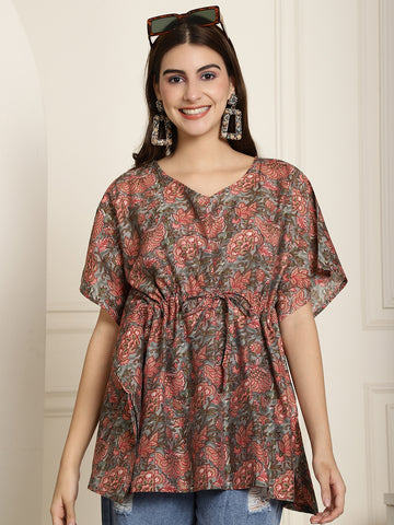 Women's Floral Print Cotton Kaftaan Top with Drawstring Waist