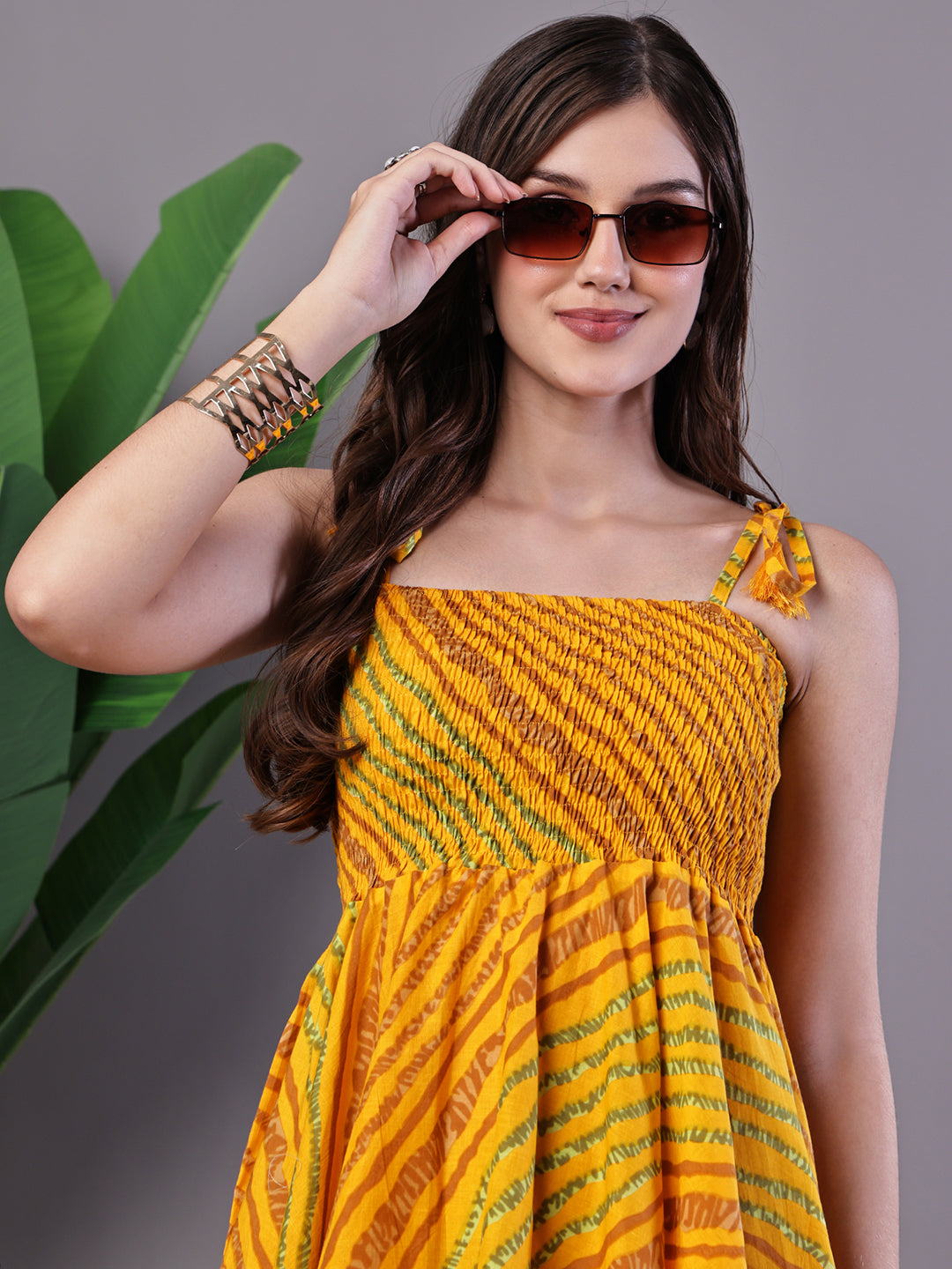 Aawari Yellow & Green Printed Cotton Handkerchief Hem Dress - Midi Dresses / Western Wear