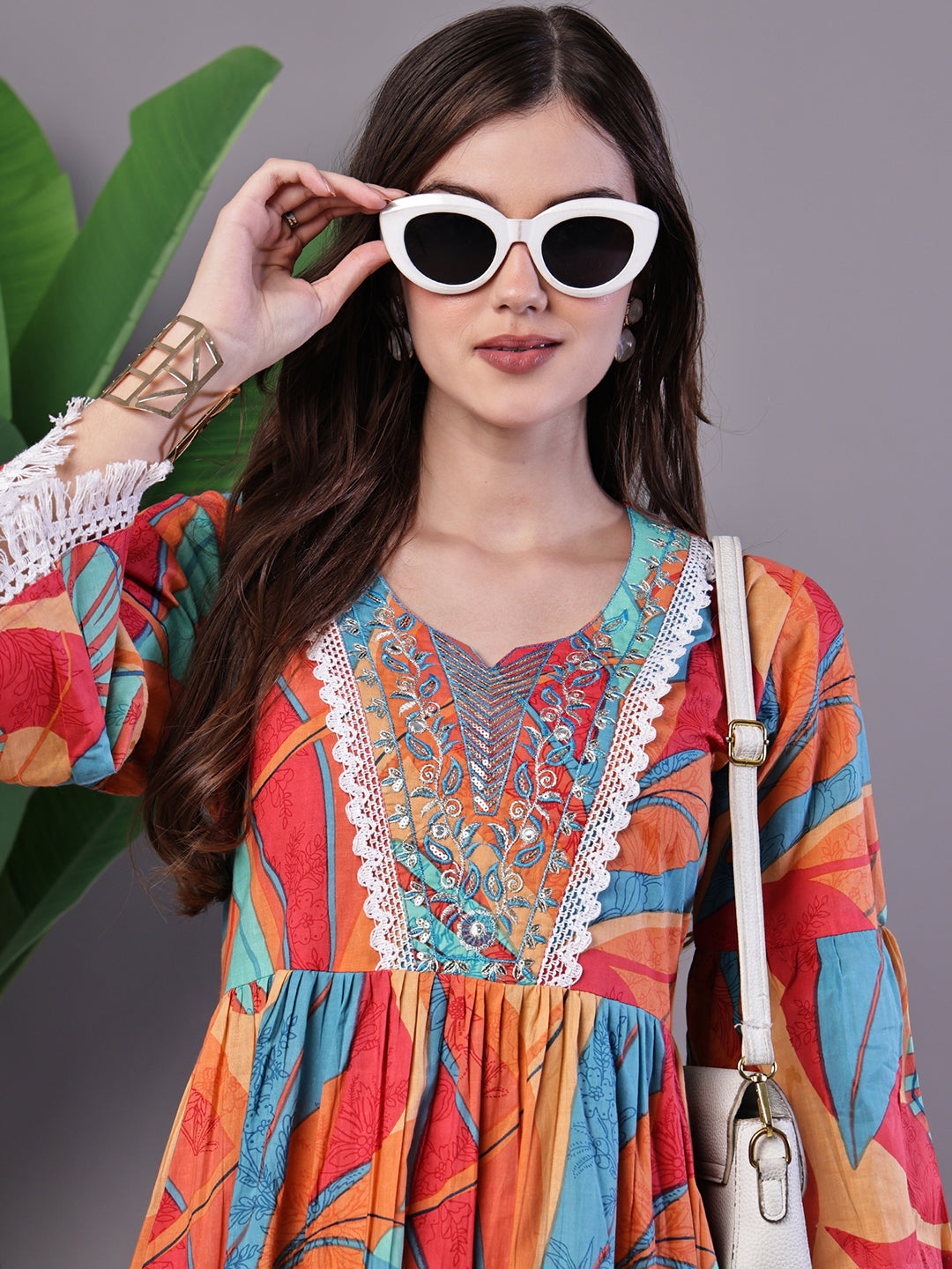 Aawari Vibrant Print Cotton Tunic Dress with Crochet Lace & Three-Quarter Sleeves - Midi Dresses / Western Wear