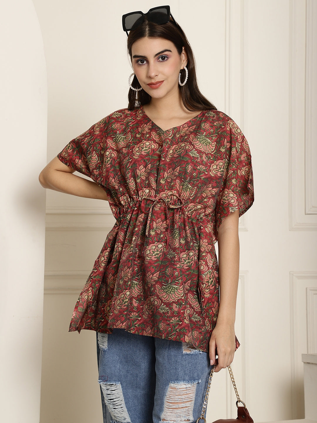 Aawari Rust Red Floral Handblock Printed Chanderi Short Kaftaan Top with Drawstring
