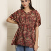 Aawari Rust Red Floral Handblock Printed Chanderi Short Kaftaan Top with Drawstring