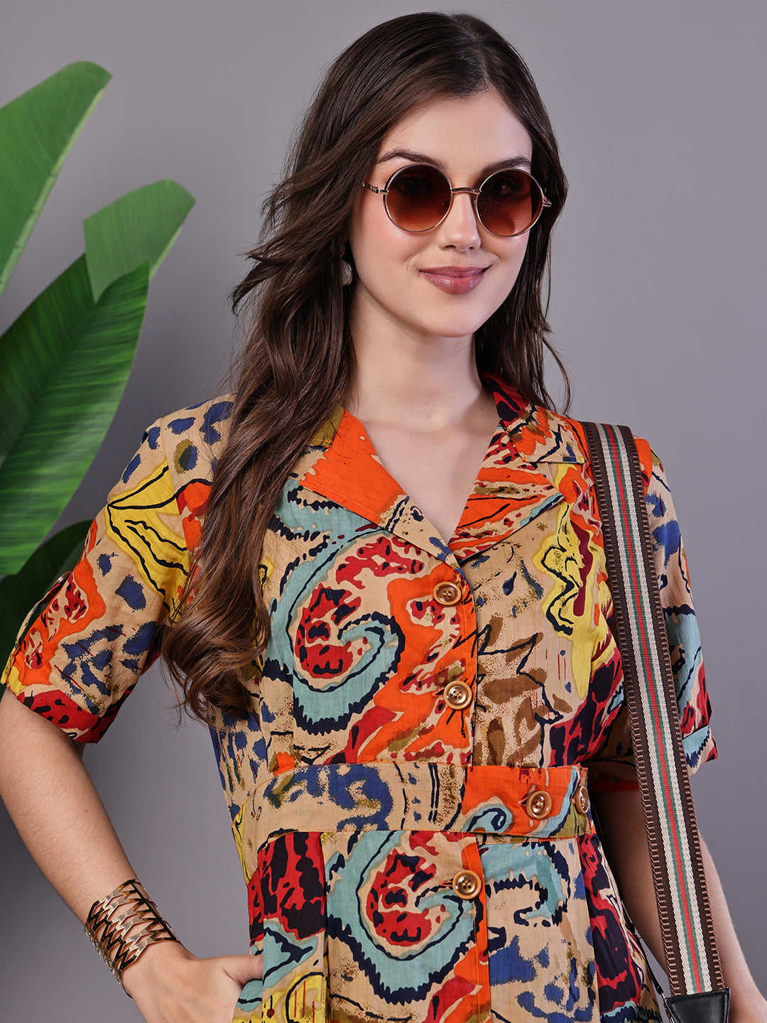 Aawari Bohemian Chic Multi-Color Paisley Print Cotton Collared Midi Dress  - Midi Dresses / Western Wear / Dresses