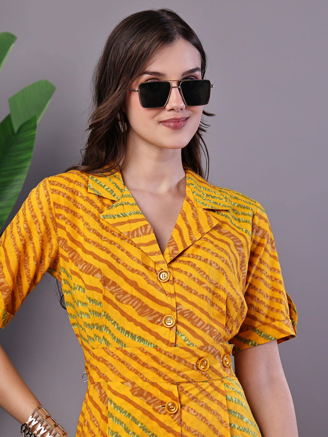 Aawari Yellow Printed Cotton Shirt Dress - Midi Dresses /  Western Wear / Dresses