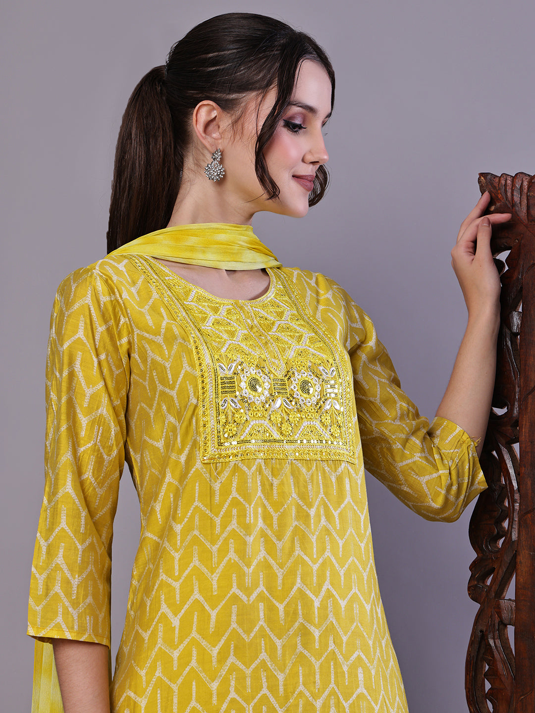 Aawari Mustard Yellow Chevron Print Chanderi Kurta Set with Mirror Work - Suit Sets